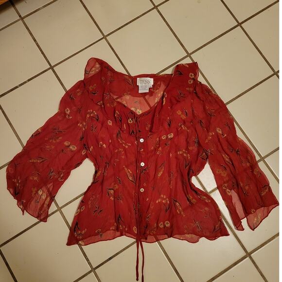 Vtg Tess Flare Sleeve Ruffle V Neck Tie-Front Floral Silk Sheer Top Red Size 14 - Picture 7 of 11